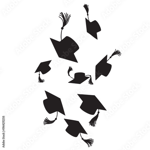 Tableau sur toile Collection of black graduation caps with tassels scattered and falling represent
