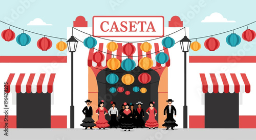A cheerful flat design illustration showcasing the vibrant entrance of a traditional caseta, a social hub at the Feria de Abril, with people enjoying the festivities. 