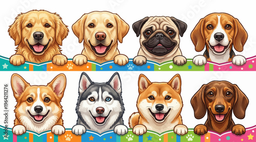 Adorable collection of cartoon dog faces featuring Golden Retriever, Pug, Beagle, Corgi, Husky, and Shiba Inu peeking over a colorful decorative banner border.