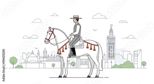 An iconic flat design vector art piece showcasing an elegant Andalusian horse rider, a symbol of the traditional equestrian displays at Feria de Abril. 