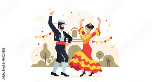 An energetic flat design illustration capturing a couple gracefully dancing sevillanas, the traditional folk dance of the Feria de Abril. 