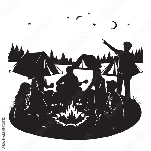 Silhouette of people camping around a campfire at night with tents and trees in the background representing outdoor leisure and storytelling