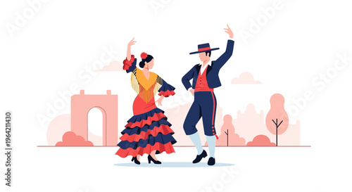 An energetic flat design illustration capturing a couple gracefully dancing sevillanas, the traditional folk dance of the Feria de Abril. 