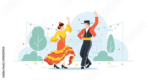 An energetic flat design illustration capturing a couple gracefully dancing sevillanas, the traditional folk dance of the Feria de Abril. 