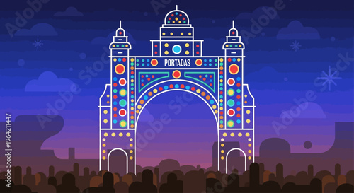 A stunning flat design illustration showcasing the iconic 'Alumbrao,' the grand illuminated entrance of the Feria de Abril, marking the start of the night festivities. 
