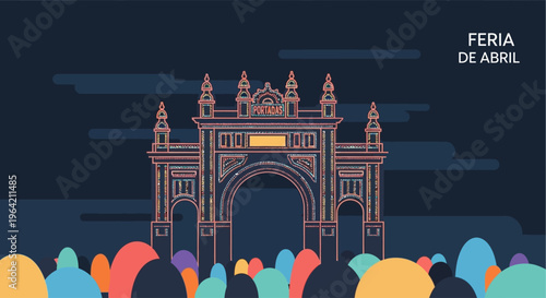 A stunning flat design illustration showcasing the iconic 'Alumbrao,' the grand illuminated entrance of the Feria de Abril, marking the start of the night festivities. 
