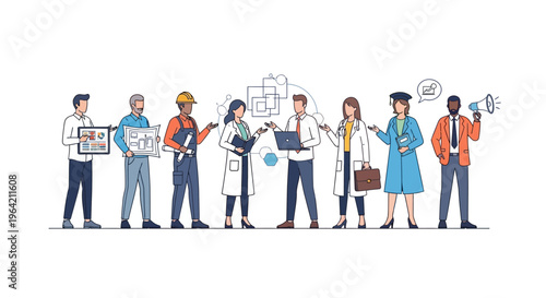 Diverse professionals standing in line with various occupations