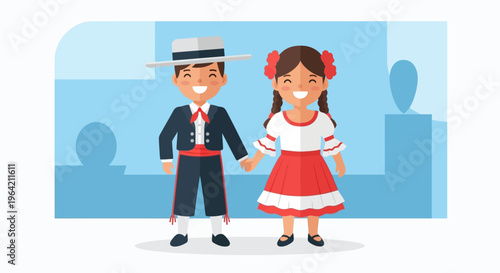 A heartwarming flat design illustration featuring two children dressed in charming traditional Feria de Abril costumes, embodying the family-friendly spirit of the festival. 