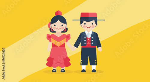 A heartwarming flat design illustration featuring two children dressed in charming traditional Feria de Abril costumes, embodying the family-friendly spirit of the festival. 
