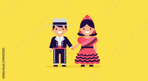 A heartwarming flat design illustration featuring two children dressed in charming traditional Feria de Abril costumes, embodying the family-friendly spirit of the festival. 