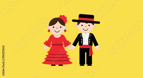 A heartwarming flat design illustration featuring two children dressed in charming traditional Feria de Abril costumes, embodying the family-friendly spirit of the festival. 