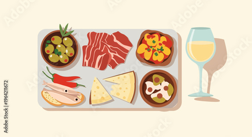 A delectable flat design illustration showcasing a spread of traditional Spanish tapas paired with a glass of Manzanilla sherry, perfect for enjoying the culinary delights of the de Abril.