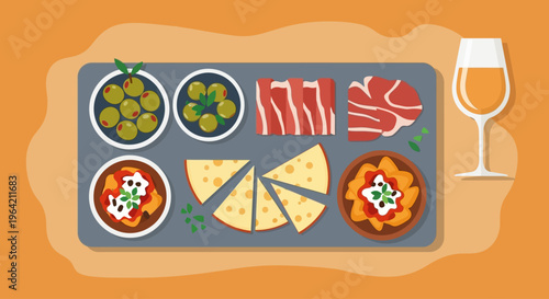 A delectable flat design illustration showcasing a spread of traditional Spanish tapas paired with a glass of Manzanilla sherry, perfect for enjoying the culinary delights of the de Abril.