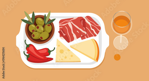 A delectable flat design illustration showcasing a spread of traditional Spanish tapas paired with a glass of Manzanilla sherry, perfect for enjoying the culinary delights of the de Abril.