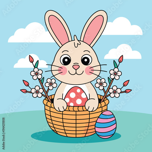 Cute cartoon bunny in Easter basket with eggs and flowers