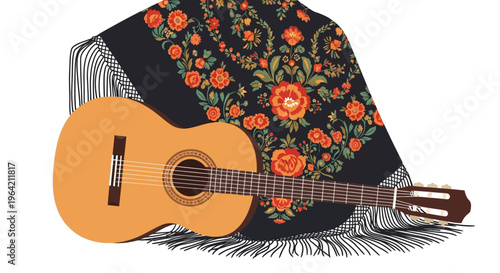 An artistic flat design illustration showcasing a flamenco guitar alongside a beautiful Mantón de Manila, representing the music and traditional artistry of Andalusian culture during the Feria de Abri