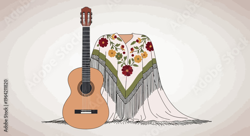 An artistic flat design illustration showcasing a flamenco guitar alongside a beautiful Mantón de Manila, representing the music and traditional artistry of Andalusian culture during the Feria de Abri