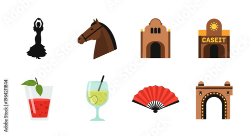 A versatile flat design icon set featuring essential symbols of the Feria de Abril, perfect for various digital and print applications. 