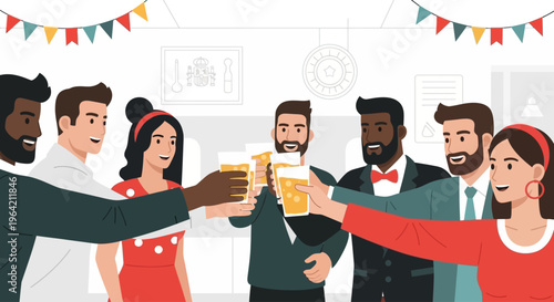 A joyful flat design illustration of friends toasting with glasses of Rebujito, embodying the convivial spirit and shared celebrations of the Feria de Abril. 