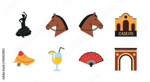 A versatile flat design icon set featuring essential symbols of the Feria de Abril, perfect for various digital and print applications. 