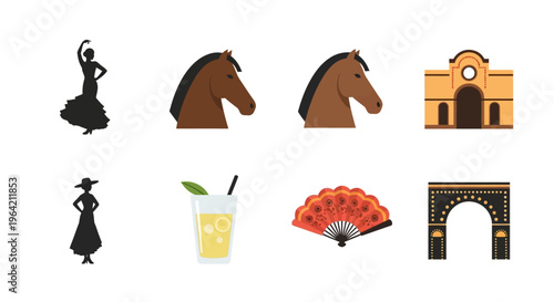 A versatile flat design icon set featuring essential symbols of the Feria de Abril, perfect for various digital and print applications. 