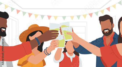 A joyful flat design illustration of friends toasting with glasses of Rebujito, embodying the convivial spirit and shared celebrations of the Feria de Abril. 