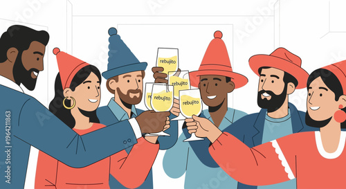 A joyful flat design illustration of friends toasting with glasses of Rebujito, embodying the convivial spirit and shared celebrations of the Feria de Abril. 