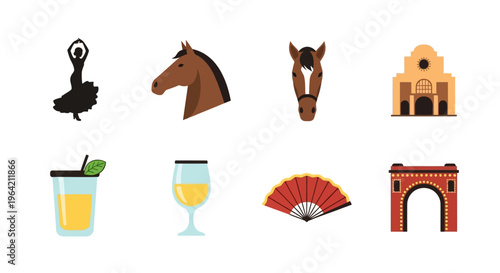 A versatile flat design icon set featuring essential symbols of the Feria de Abril, perfect for various digital and print applications. 