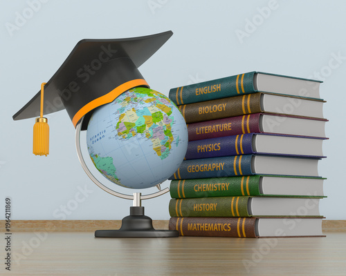 Pile books and globe with graduation cap. 3D illustration