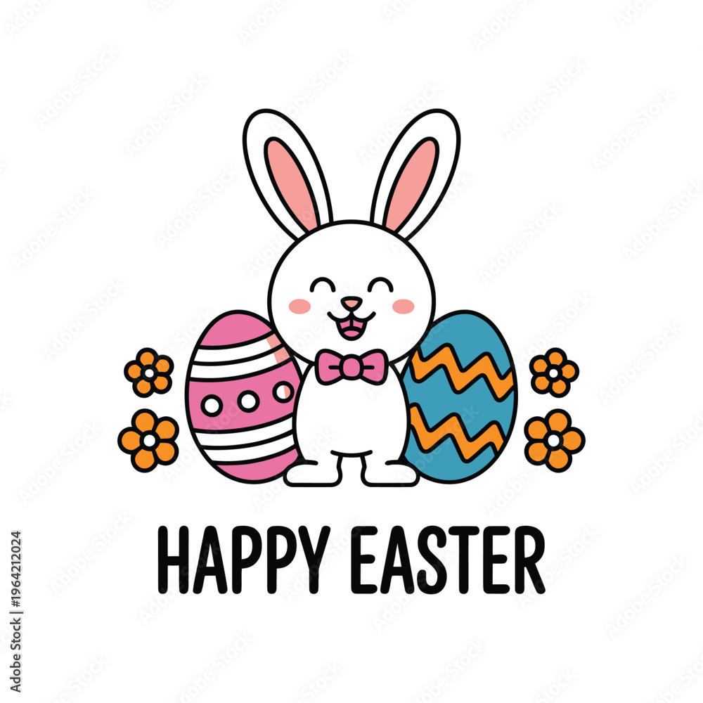 Fototapeta premium Cute cartoon bunny with Easter eggs and flowers greeting card