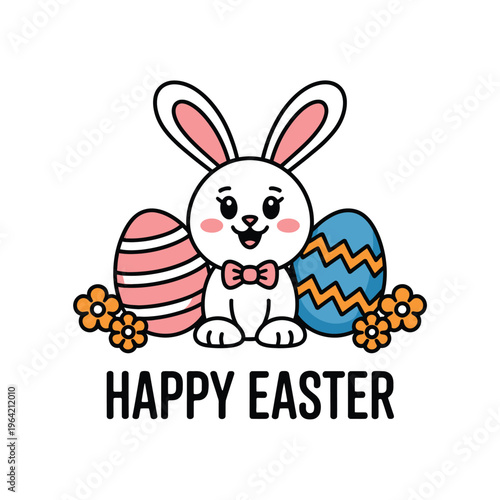 Cartoon bunny with Easter eggs and ribbons waving hello