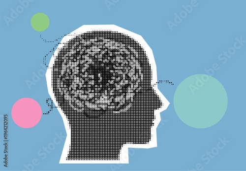 profile silhouette of human head with chaotic scribble lines, concept of anxiety, stress, depression, or mental disorder