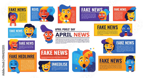 Collection of colorful April Fools' Day prank vector illustrations featuring cartoon characters and fake news banners on a white background.
