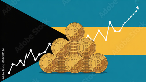 Bitcoin coins stacked on bahamian flag background with rising graph