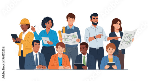 Diverse group of people working together with plans and tablets