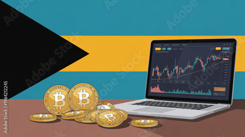 Cryptocurrency trading on laptop with bitcoin coins in front of bahamian flag background