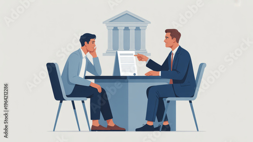 Two businessmen negotiating contract in office setting with government building