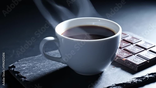 Steaming Cup of Coffee With Dark Chocolate Bar on Slate, Close Up