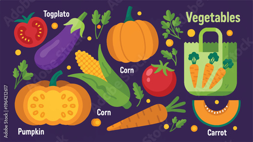A vibrant illustration of various vegetables and corn in a shopping bag on a table
