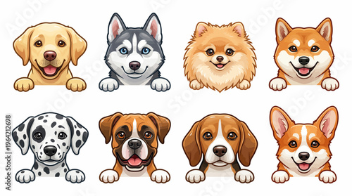Set of Cute Cartoon Dog Breed Faces Collection Featuring Labrador Husky Pomeranian Shiba Inu Dalmatian Boxer Beagle and Corgi Peeking Over Edge on White Background