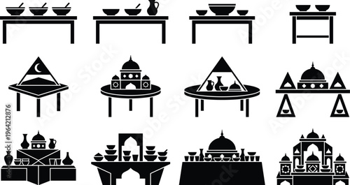 Kitchen utensil icons set, dining tableware silhouettes collection, bowls plates cups food serving symbols, restaurant vector illustration design pack