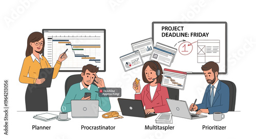 Four different work styles at office Planner Procrastinator Multitasker Prioritizer
