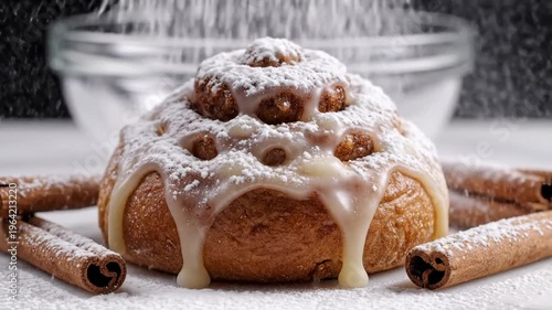 Delicious Cinnamon Roll Covered in Powdered Sugar and Icing, Surrounded by Cinnamon Sticks