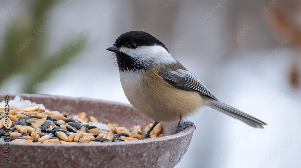 Obraz premium Small bird with black cap and white cheeks perch on a bird feeder filled with seeds and peanuts in a winter garden landscape