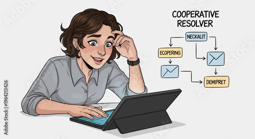 Business woman using tablet with cooperative resolver flowchart