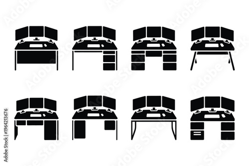 Black and white computer workstation silhouettes desk