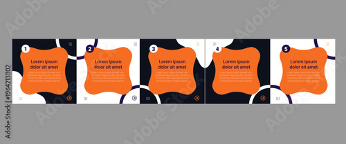Modern Dark Mode 5 Steps Educational Carousel Template - Navy Blue and Orange Slide Pack