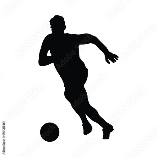 Soccer player silhouette running with ball, football athlete in action vector illustration, sports and fitness concept.