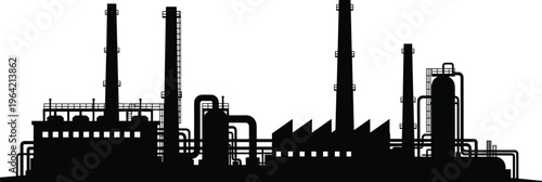 Industrial factory silhouette vector, oil refinery plant skyline, heavy industry infrastructure illustration, petrochemical processing facility, black factory outline isolated on white background