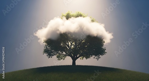 A solitary tree crowned with a cloud, basking in a soft, ethereal light against a gradient sky